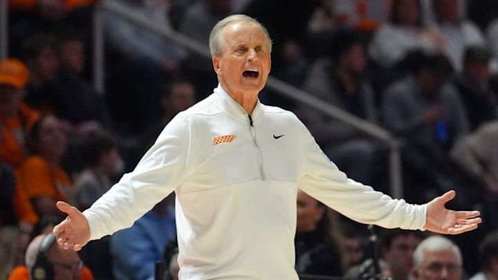 Tennessee coach Rick Barnes gestures after the referees make a call he disagrees with during a NCAA basketball game between the Tennessee Volunteers and Auburn Tigers at Thompson-Boling Arena at Food City Center in Knoxville, Tenn., on Jan. 31, 2026.