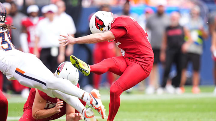 Aug 25, 2024; Denver, Colorado, USA; Arizona Cardinals kicker Matt Prater (5) kicks a field goal in the second quarter against the Denver Broncos at Empower Field at Mile High. Mandatory Credit: Ron Chenoy-Imagn Images Aug 25, 2024; Denver, Colorado, USA; Arizona Cardinals kicker Matt Prater (5) kicks a field goal in the second quarter against the Denver Broncos at Empower Field at Mile High. Mandatory Credit: Ron Chenoy-Imagn Images