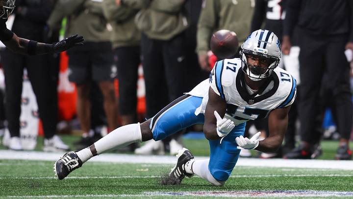 Carolina Panthers wide receiver Xavier Legette (17) attempts to catch the ball in the fourth quarter 