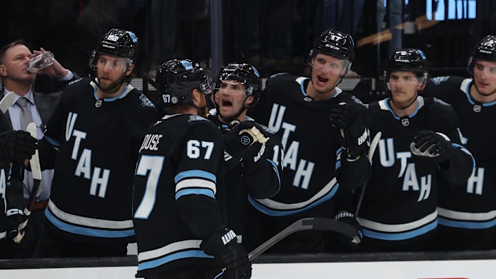 Apr 3, 2025; Salt Lake City, Utah, USA; Utah Hockey Club left wing Lawson Crouse (67) celebrates a goal against the Los Angeles Kings during the second period at Delta Center. Mandatory Credit: Rob Gray-Imagn Images