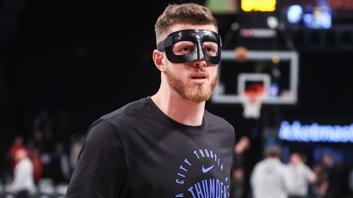 Feb 26, 2025; Brooklyn, New York, USA;  Oklahoma City Thunder center Isaiah Hartenstein (55) warms up prior to the game against the Brooklyn Nets at Barclays Center. Mandatory Credit: Wendell Cruz-Imagn Images