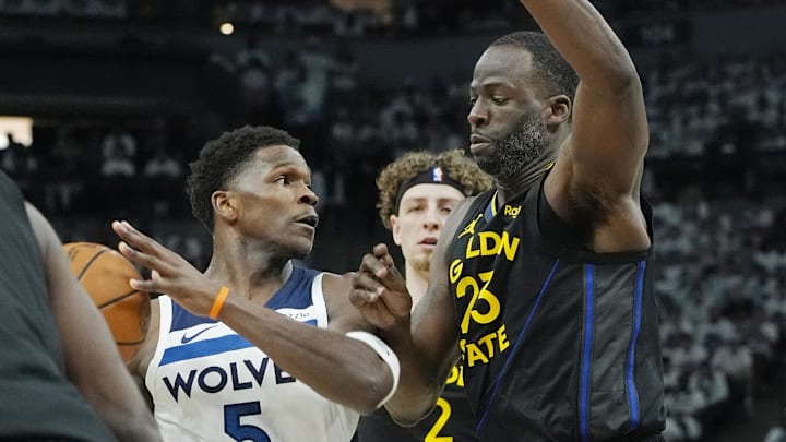 May 6, 2025; Minneapolis, Minnesota, USA; Minnesota Timberwolves guard Anthony Edwards (5) controls the ball against Golden State Warriors forward Draymond Green (23) in the first quarter during game one of the second round for the 2025 NBA Playoffs at Target Center. Mandatory Credit: Bruce Kluckhohn-Imagn Images May 6, 2025; Minneapolis, Minnesota, USA; Minnesota Timberwolves guard Anthony Edwards (5) controls the ball against Golden State Warriors forward Draymond Green (23) in the first quarter during game one of the second round for the 2025 NBA Playoffs at Target Center. Mandatory Credit: Bruce Kluckhohn-Imagn Images
