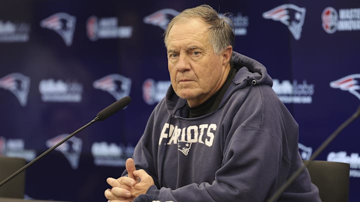 Belichick speaks to the media before a game during his final season in the NFL