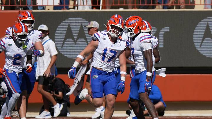 Oct 17, 2026; Austin, Texas, USA;  Florida Gators tight end Lacota Dippre (17) is congratulated by teammates after catching a touchdown during the second half against the Texas Longhorns at Darrell K Royal-Texas Memorial Stadium.  Mandatory Credit: Scott Wachter-Imagn Images