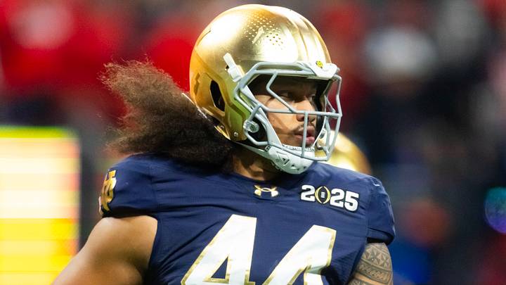Notre Dame Fighting Irish defensive lineman Junior Tuihalamaka (44) against the Ohio State Buckeyes during the CFP National Championship college football game at Mercedes-Benz Stadium. Notre Dame Fighting Irish defensive lineman Junior Tuihalamaka (44) against the Ohio State Buckeyes during the CFP National Championship college football game at Mercedes-Benz Stadium.