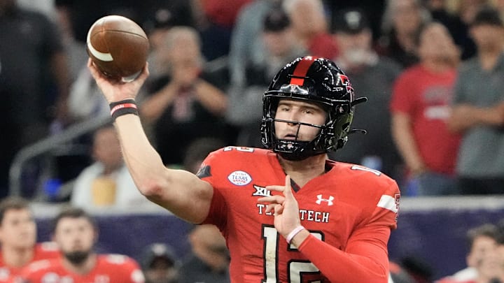 Dec 28, 2022; Houston, Texas, USA;Texas Tech Red Raiders quarterback Tyler Shough (12) passes