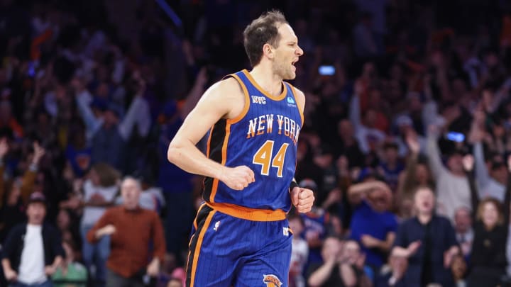 Apr 14, 2024; New York, New York, USA;  New York Knicks forward Bojan Bogdanovic (44) celebrates after making a three-point shot in the fourth quarter against the Chicago Bulls at Madison Square Garden. Mandatory Credit: Wendell Cruz-USA TODAY Sports