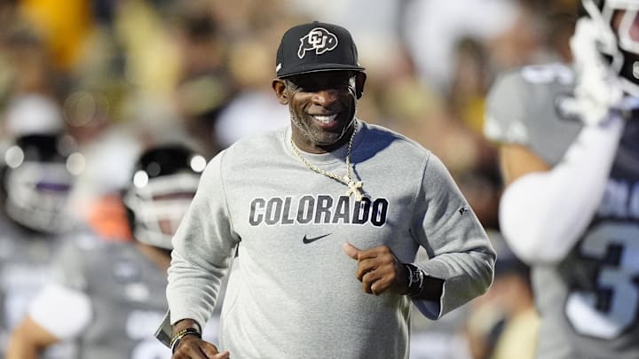 Sep 27, 2025; Boulder, Colorado, USA; Colorado Buffaloes head coach Deion Sanders reacts before the game against the Brigham Young Cougars at Folsom Field. Mandatory Credit: Ron Chenoy-Imagn Images