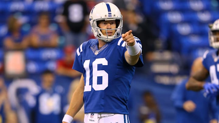 Sep 17, 2017; Indianapolis, IN, USA; Indianapolis Colts quarterback Scott Tolzien (16) against the Arizona Cardinals at Lucas Oil Stadium. Mandatory Credit: Aaron Doster-Imagn Images
