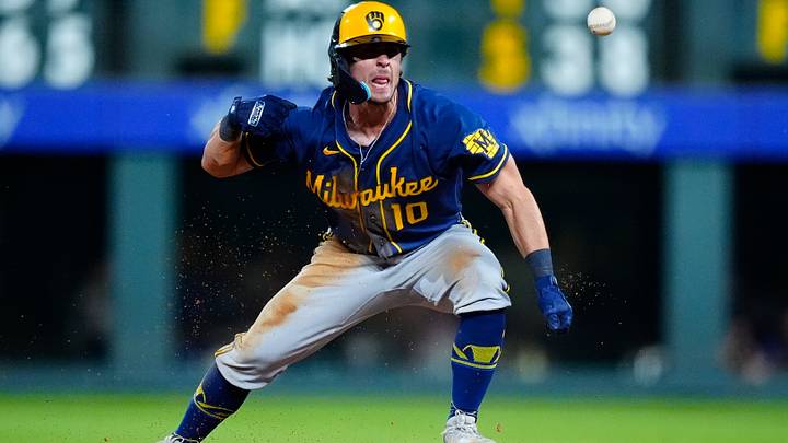 Jun 5, 2026; Denver, Colorado, USA; Milwaukee Brewers right fielder Sal Frelick (10) reacts in the ninth inning against the Colorado Rockies at Coors Field. Mandatory Credit: Ron Chenoy-Imagn Images