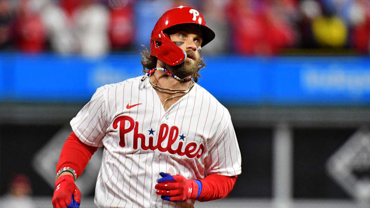 Oct 16, 2023; Philadelphia, Pennsylvania, USA; Philadelphia Phillies first baseman Bryce Harper (3)