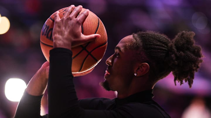 Mar 26, 2025; Philadelphia, Pennsylvania, USA; Philadelphia 76ers Tyrese Maxey practices before a game against the Washington Wizards at Wells Fargo Center. Mandatory Credit: Bill Streicher-Imagn Images