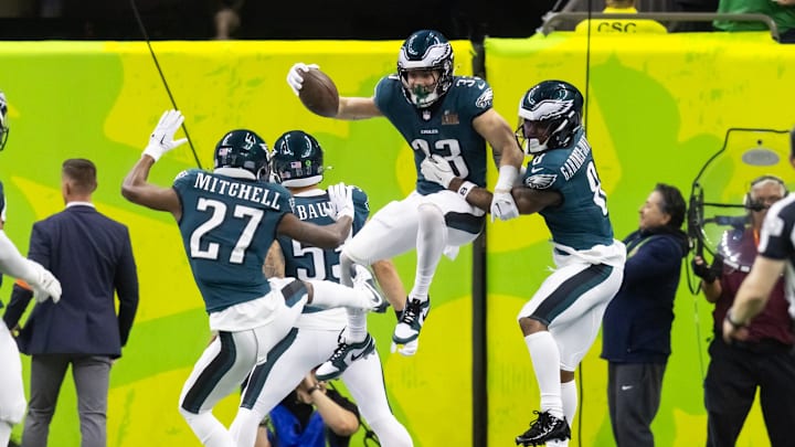 Feb 9, 2025; New Orleans, LA, USA; Philadelphia Eagles cornerback Cooper DeJean (33) celebrates with Quinyon Mitchell (27) and C.J. Gardner-Johnson (8) after returning an interception for a touchdown against the Kansas City Chiefs in the second quarter in Super Bowl LIX at Ceasars Superdome. Mandatory Credit: Mark J. Rebilas-Imagn Images