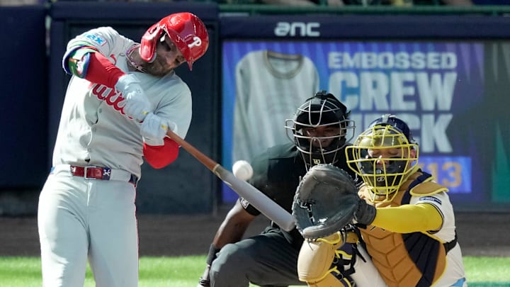 Philadelphia Phillies first baseman Bryce Harper (3) hits a solo home during the fourth inning of their game against the Milwaukee Brewers Monday, September 1, 2025 at American Family Field in Milwaukee, Wisconsin.