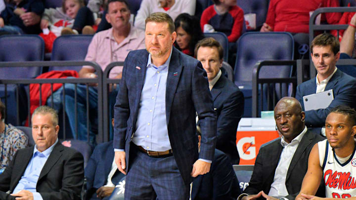 Mississippi Rebels head coach Chris Beard watches against Mississippi State in a NCAA men’s college basketball game at the Sandy and John Black Pavilion at Ole Miss in Oxford, Miss. on Saturday, Feb. 14, 2026.