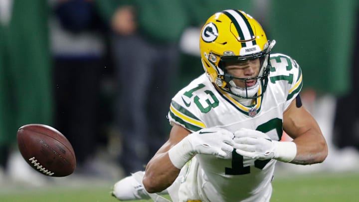 Green Bay Packers wide receiver Allen Lazard (13) drops a pass in the second quarter against the