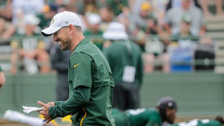Head coach Matt LaFleur laughs during warmups during Green Bay Packers training camp at Ray Nitschke Field Friday, July 26, 2019, in Green Bay, Wis.

Gpg Training Camp Day 2 072619 Jc0103

Syndication: PackersNews