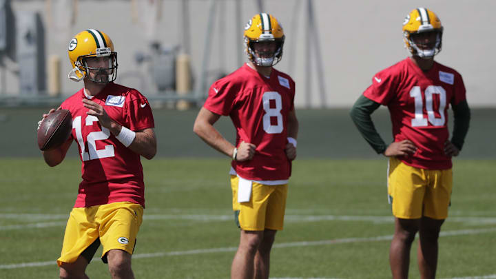 Green Bay Packers quarterback Aaron Rodgers (12), quarterback Tim Boyle (8) and quarterback Jordan Love (10) are shown Monday, August 17, 2020, during training camp in Green Bay, Wis.

Apc Packerstrainingcamp 0817200933