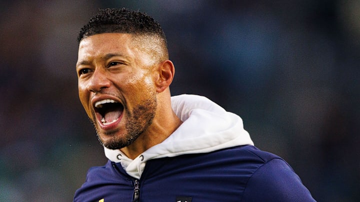 Notre Dame head coach Marcus Freeman celebrates a turnover during a NCAA college football game against Virginia at Notre Dame Stadium on Saturday, Nov. 16, 2024, in South Bend. Notre Dame head coach Marcus Freeman celebrates a turnover during a NCAA college football game against Virginia at Notre Dame Stadium on Saturday, Nov. 16, 2024, in South Bend.