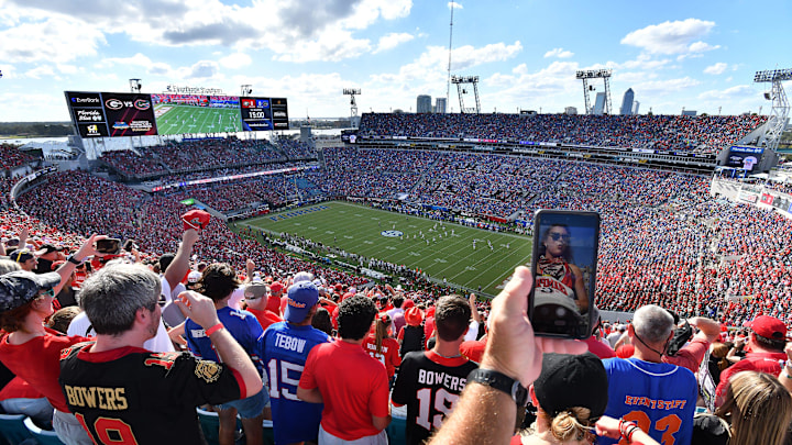 Fans take in the opening kickoff of the annual Florida vs Georgia football game at EverBank Stadium in Jacksonville, FL from the top rows of the stands Saturday, October 27, 2023.