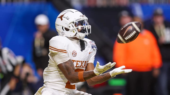 Jan 1, 2025; Atlanta, GA, USA; Texas Longhorns wide receiver Matthew Golden (2) catches a pass for a touchdown against the Arizona State Sun Devils in overtime at Mercedes-Benz Stadium. Mandatory Credit: Brett Davis-Imagn Images