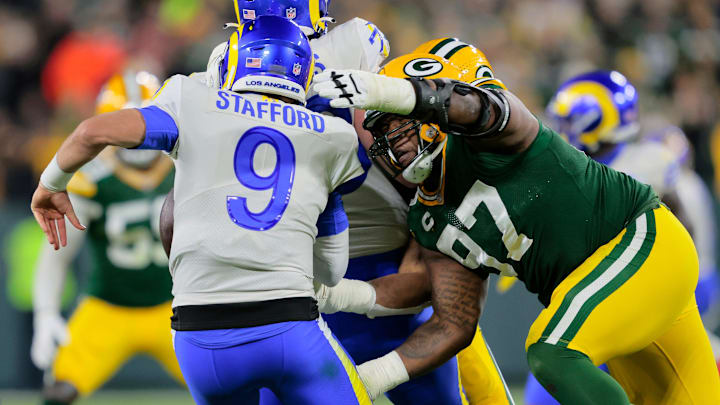 The pass rush, applied here by Kenny Clark, will be key for the Packers against the Rams on Sunday.