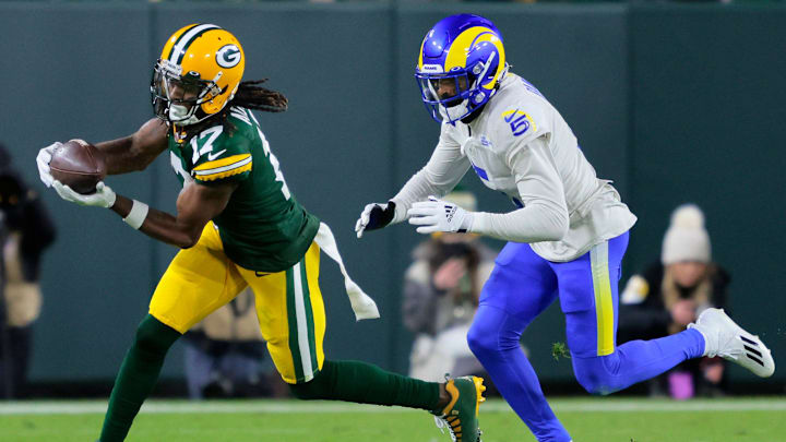 Green Bay Packers wide receiver Davante Adams (17) pulls down a reception against Los Angeles Rams cornerback Jalen Ramsey (5) in the third quarter during their football game Sunday, November 28, 2021, at Lambeau Field in Green Bay, Wis. Dan Powers/USA TODAY NETWORK-Wisconsin

Apc Packvsrams 1128211099djp