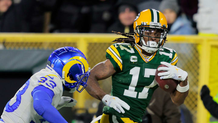 Green Bay Packers wide receiver Davante Adams (17) runs for a first down on a long reception against Angeles Rams safety Nick Scott (33) in the first quarter during their football game Sunday, November 28, 2021, at Lambeau Field in Green Bay, Wis. Dan Powers/USA TODAY NETWORK-Wisconsin

Apc Packvsrams 1128210505djp