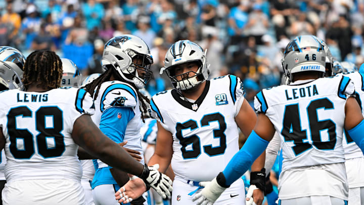 Sep 15, 2024; Charlotte, North Carolina, USA; Carolina Panthers center Austin Corbett (63) before the game at Bank of America Stadium. 