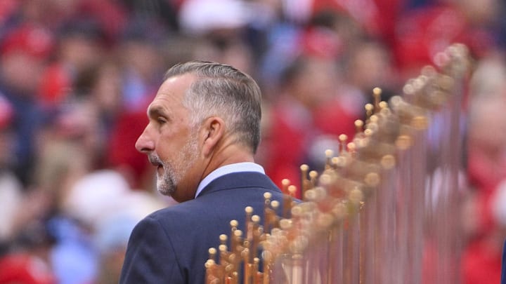 Mar 27, 2025; St. Louis, Missouri, USA;  St. Louis Cardinals president of baseball operations John Mozeliak looks on during opening day ceremonies before the game between the Cardinals and the Minnesota Twins at Busch Stadium. Mandatory Credit: Jeff Curry-Imagn Images