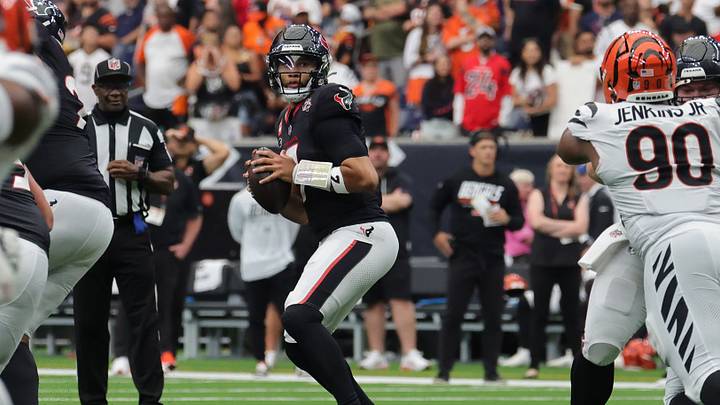 Sep 20, 2026; Houston, Texas, USA;  Houston Texans quarterback C.J. Stroud (7) drops to throw during the fourth quarter against the Cincinnati Bengals at Reliant Stadium.  Mandatory Credit: Thomas Shea-Imagn Images