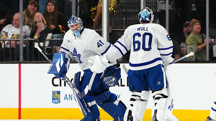 Mar 5, 2025; Las Vegas, Nevada, USA; Toronto Maple Leafs goaltender Joseph Woll (60) is pulled for Toronto Maple Leafs goaltender Anthony Stolarz (41) after surrendering three goals to the Vegas Golden Knights during the first period at T-Mobile Arena. Mandatory Credit: Stephen R. Sylvanie-Imagn Images