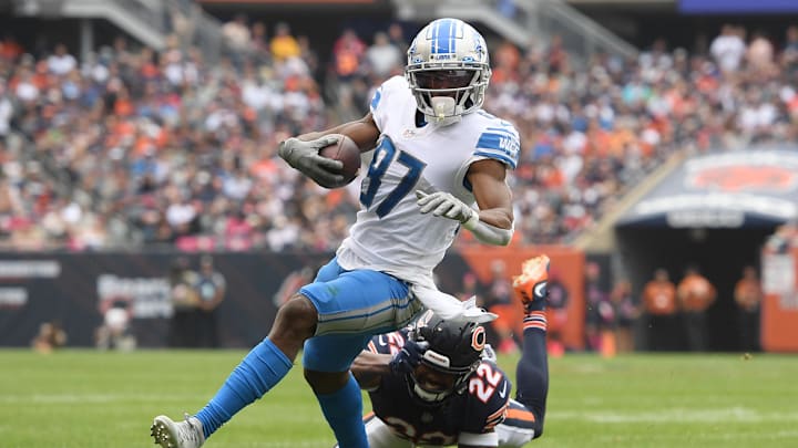 Oct 3, 2021; Chicago, Illinois, USA; Detroit Lions wide receiver Quintez Cephus (87) runs for a Oct 3, 2021; Chicago, Illinois, USA; Detroit Lions wide receiver Quintez Cephus (87) runs for a