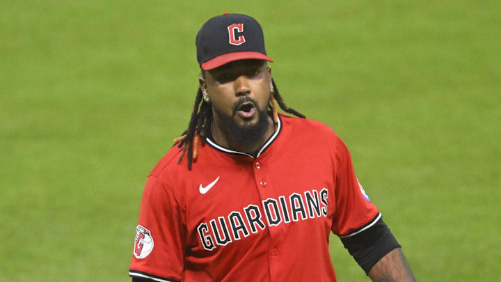 Jul 22, 2025; Cleveland, Ohio, USA; Cleveland Guardians relief pitcher Emmanuel Clase (48) reacts after a win over the Baltimore Orioles at Progressive Field. Mandatory Credit: David Richard-Imagn Images