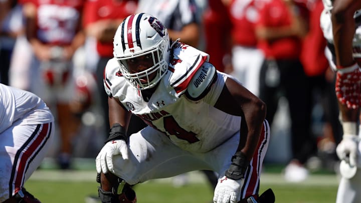 Oct 12, 2024; Tuscaloosa, Alabama, USA;  South Carolina Gamecocks offensive lineman Josiah Thompson (74) during the second half at Bryant-Denny Stadium. Mandatory Credit: Butch Dill-Imagn Images