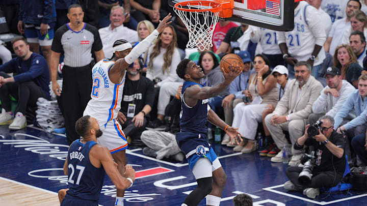 May 24, 2025; Minneapolis, Minnesota, USA; Minnesota Timberwolves guard Anthony Edwards (5) shoots the ball past Oklahoma City Thunder guard Shai Gilgeous-Alexander (2) during the second half in Game 3 of the Western Conference Finals at Target Center. Mandatory Credit: Brad Rempel-Imagn Images May 24, 2025; Minneapolis, Minnesota, USA; Minnesota Timberwolves guard Anthony Edwards (5) shoots the ball past Oklahoma City Thunder guard Shai Gilgeous-Alexander (2) during the second half in Game 3 of the Western Conference Finals at Target Center. Mandatory Credit: Brad Rempel-Imagn Images