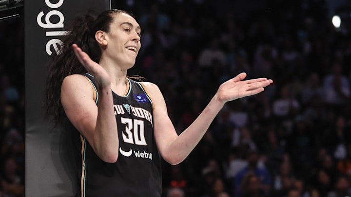 Sep 22, 2024; Brooklyn, New York, USA; New York Liberty forward Breanna Stewart (30) reacts after getting fouled by the Atlanta Dream during game one of the first round of the 2024 WNBA Playoffs at Barclays Center. Mandatory Credit: Wendell Cruz-Imagn Images Sep 22, 2024; Brooklyn, New York, USA; New York Liberty forward Breanna Stewart (30) reacts after getting fouled by the Atlanta Dream during game one of the first round of the 2024 WNBA Playoffs at Barclays Center. Mandatory Credit: Wendell Cruz-Imagn Images