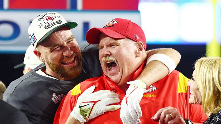 Feb 12, 2023; Glendale, Arizona, US; Kansas City Chiefs tight end Travis Kelce (87) celebrates with head coach Andy Reid after winning Super Bowl LVII against the Philadelphia Eagles at State Farm Stadium. Mandatory Credit: Mark J. Rebilas-USA TODAY Sports Feb 12, 2023; Glendale, Arizona, US; Kansas City Chiefs tight end Travis Kelce (87) celebrates with head coach Andy Reid after winning Super Bowl LVII against the Philadelphia Eagles at State Farm Stadium. Mandatory Credit: Mark J. Rebilas-USA TODAY Sports