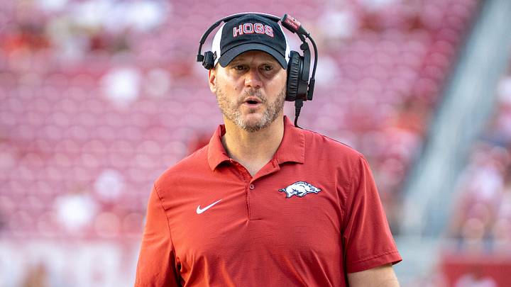 Arkansas Razorbacks coach Ryan Silverfield reacts to a play during the second half of the team's 31-14 victory over North Alabama in the season opener at CommunityAmerica Razorback Stadium. Arkansas Razorbacks coach Ryan Silverfield reacts to a play during the second half of the team's 31-14 victory over North Alabama in the season opener at CommunityAmerica Razorback Stadium.