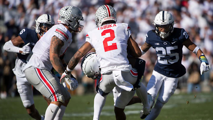 Penn State's Kalen King drops Ohio State running back Emeka Egbuka (2) in the backfield for a 2-yard loss in the second quarter at Beaver Stadium on Saturday, Oct. 29, 2022, in State College.

Hes Dr 102922 Psuosu