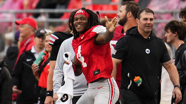 Wide receiver Jeremiah Smith (4) celebrates during the Ohio State football spring game at Ohio Stadium in Columbus on April 18, 2026.
