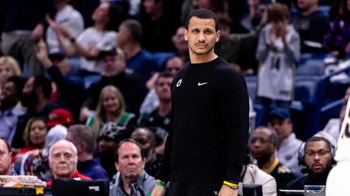 Jan 31, 2025; New Orleans, Louisiana, USA;  Boston Celtics head coach Joe Mazzulla looks on against the New Orleans Pelicans during the second half at Smoothie King Center. Mandatory Credit: Stephen Lew-Imagn Images