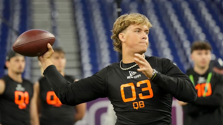 Mar 1, 2025; Indianapolis, IN, USA; Mississippi quarterback Jaxson Dart (QB03) during the 2025 NFL Combine at Lucas Oil Stadium.