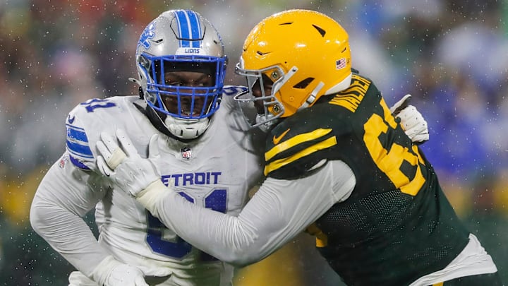 Detroit Lions defensive end Levi Onwuzurike (91) rushes the quarterback as Green Bay Packers offensive tackle Rasheed Walker (63) blocks on Sunday, November 3, 2024, at Lambeau Field in Green Bay, Wis. The Lions won the game, 24-14.
Tork Mason/USA TODAY NETWORK-Wisconsin Detroit Lions defensive end Levi Onwuzurike (91) rushes the quarterback as Green Bay Packers offensive tackle Rasheed Walker (63) blocks on Sunday, November 3, 2024, at Lambeau Field in Green Bay, Wis. The Lions won the game, 24-14.
Tork Mason/USA TODAY NETWORK-Wisconsin