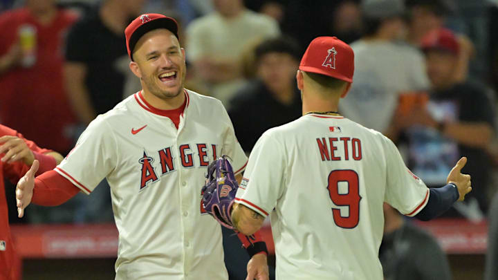 Jul 28, 2025; Anaheim, California, USA; Los Angeles Angels shortstop Zach Neto (9) celebrates with designated hitter Mike Trout (27) after the final out of the ninth inning defeating the Texas Rangers at Angel Stadium. Mandatory Credit: Jayne Kamin-Oncea-Imagn Images Jul 28, 2025; Anaheim, California, USA; Los Angeles Angels shortstop Zach Neto (9) celebrates with designated hitter Mike Trout (27) after the final out of the ninth inning defeating the Texas Rangers at Angel Stadium. Mandatory Credit: Jayne Kamin-Oncea-Imagn Images