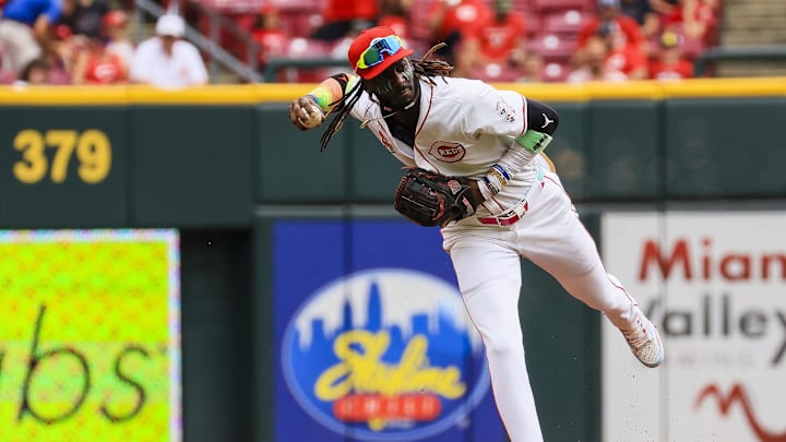 Sep 22, 2024; Cincinnati, Ohio, USA; Cincinnati Reds shortstop Elly De La Cruz (44) throws to first to get Pittsburgh Pirates second baseman Nick Yorke (not pictured) out in the second inning at Great American Ball Park. Mandatory Credit: Katie Stratman-Imagn Images