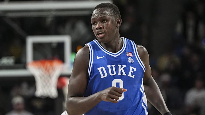 Dec 21, 2024; Atlanta, Georgia, USA; Duke Blue Devils center Khaman Maluach (9) on the court against the Georgia Tech Yellow Jackets during the first half at McCamish Pavilion. Mandatory Credit: Dale Zanine-Imagn Images