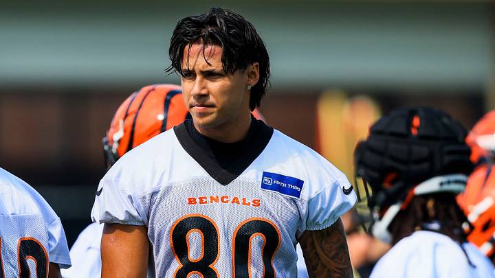 Cincinnati Bengals wide receiver Andrei Iosivas (80) stands on the field during training camp at Kettering Health Practice Fields. Cincinnati Bengals wide receiver Andrei Iosivas (80) stands on the field during training camp at Kettering Health Practice Fields.