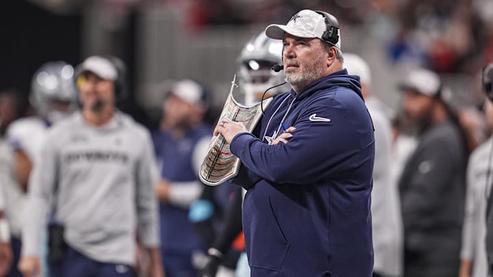Nov 3, 2024; Atlanta, Georgia, USA; Dallas Cowboys head coach Mike McCarthy on the sideline against the Atlanta Falcons during the second half at Mercedes-Benz Stadium. Mandatory Credit: Dale Zanine-Imagn Images