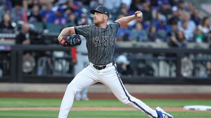 Sep 20, 2025; New York City, New York, USA; New York Mets relief pitcher Richard Lovelady (58) pitches in the seventh inning against the Washington Nationals at Citi Field. Mandatory Credit: Wendell Cruz-Imagn Images